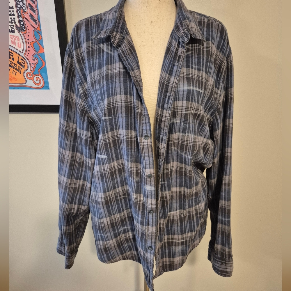 Calvin Klein Blue and Gray Plaid Button-Up Shirt Xxl Distressed Double Cloth